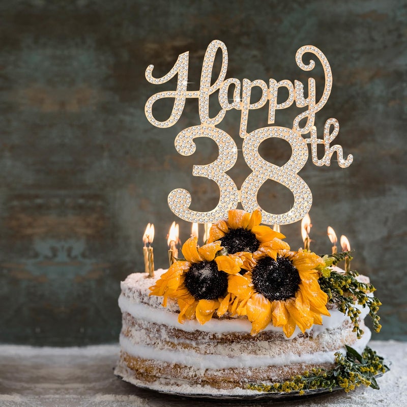 LASKYER Happy 38th Birthday Decorations,38th Birthday Gold Rhinestone Cake Topper - Cheers to 38 Years Old Bday Party Metal Sparkly Cake Centerpieces Sign. - Image 4